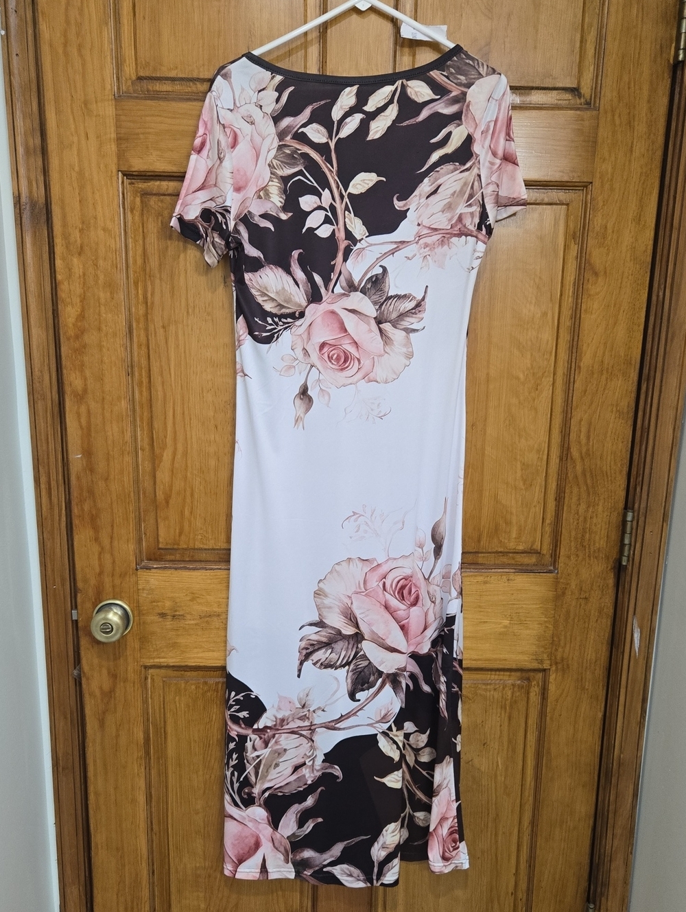 White A-line Maxi Dress Featuing A Tea Rose Pattern And Brown Accents - Picture 2 of 4